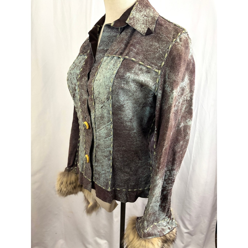 Michelle Julene OOAK Leather Jacket Fur Cuffs Turquoise Inlay‎ Western Boho VTG